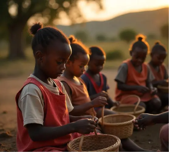 Children weaving baskets