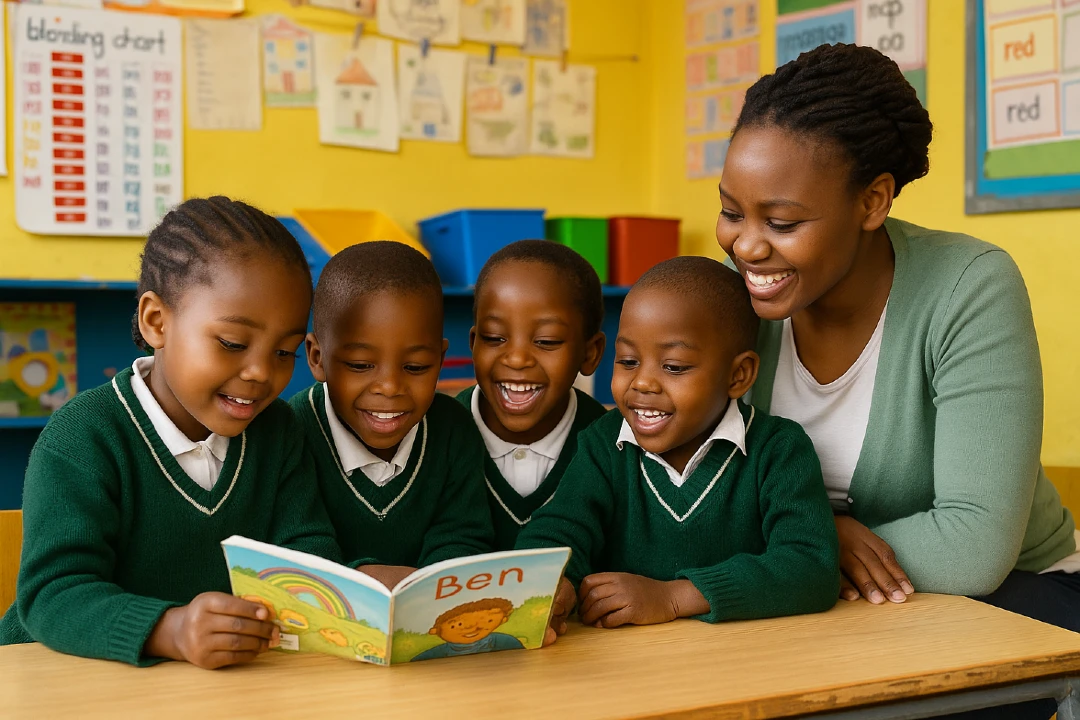 Teacher reading book with learners